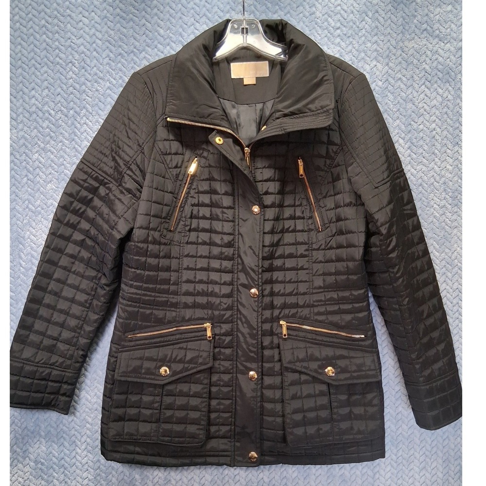 Michael Kors Black Quilted Barn Jacket Gold Hardware Hidden Hoodie Size M